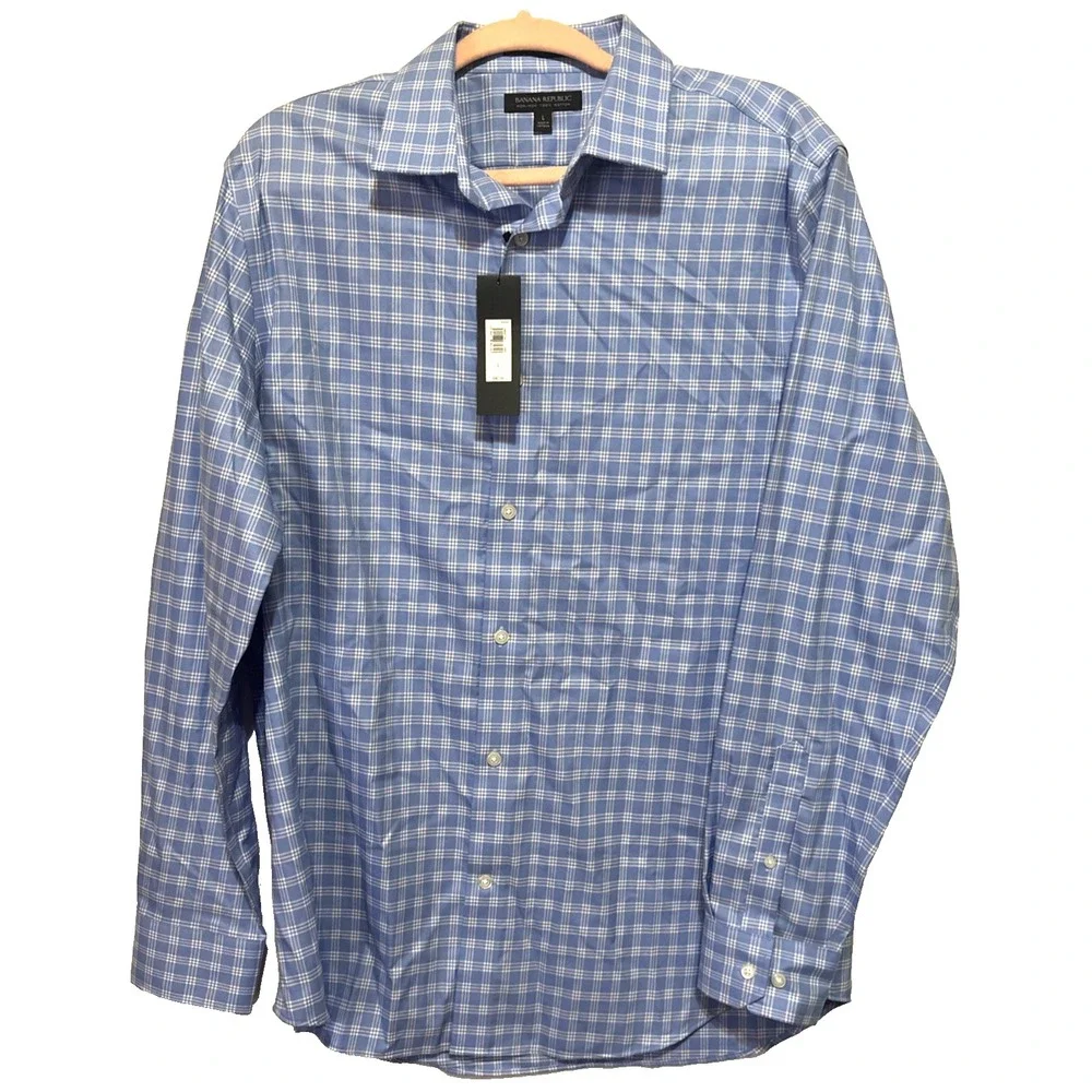 NWT Banana Republic Long Sleeve Button Up Shirt Men's Large Plaid Blue Cotton‎